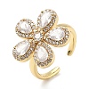 Flower Brass Micro Pave Cubic Zirconia Cuff Rings for Women RJEW-A069-14G-03-4