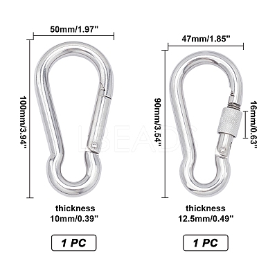 2Pcs 2 Style 304 Stainless Steel Rock Climbing Carabiners STAS-UN0020-68P-1