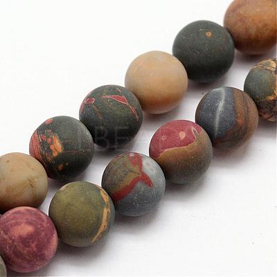 Natural Polychrome Jasper/Picasso Stone/Picasso Jasper Frosted Bead Strands G-O155-03B-8mm-1