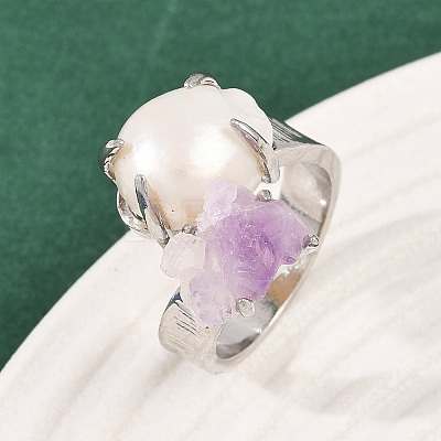Nuggets Natural Amethyst & Pearl Open Cuff Rings RJEW-K286-13P-1