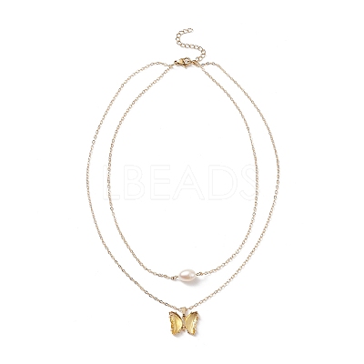 Glass Butterfly & Natural Pearl Pendants Double Layer Necklace with Clear Cubic Zirconia NJEW-TA00043-04-1