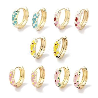 Real 18K Gold Plated Brass Enamel Flower Print Hoop Earrings for Women EJEW-L269-116G-1