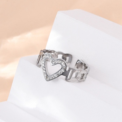 304 Stainless Steel with Rhinestone Adjustable Cuff Rings RJEW-Q020-16P-1