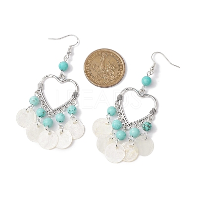Heart Synthetic Turquoise & Capiz Shell Chandelier Earrings EJEW-TA00490-1