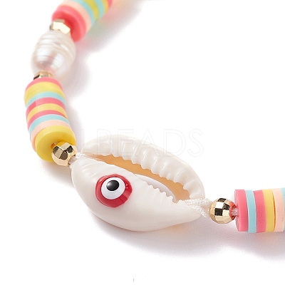Natual Shell with Evil Eye & Pearl Braided Bead Bracelet BJEW-TA00049-01-1