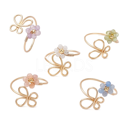 Flower Natural Peridot & Rainbow Moonstone & Amethyst & Blue Aventurine & Sunstone Finger Rings RJEW-JR00778-1