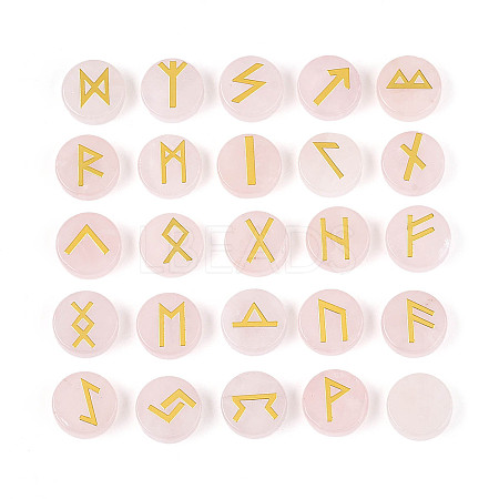 Brass Elder Futhark Alphabet Engraved Symbol Flat Round Natural Rose Quartz Rune Stones G-I373-01G-1