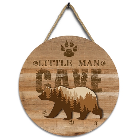 Flat Round with Little Man Cave & Brown Bear Wooden Hanging Wall Decorations for Home Decoration PW-WG0F676-01-1