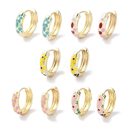 Real 18K Gold Plated Brass Enamel Flower Print Hoop Earrings for Women EJEW-L269-116G-1