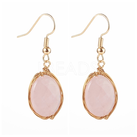Wire Wrapped Natural Rose Quartz Dangle Earrings EJEW-JE04496-1