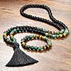 Glass & African Turquoise(Jasper) & Tiger Eye Round Rosaries Beaded Tassel Pendant Necklaces & Bracelets Sets FS-WGB975F-03-3