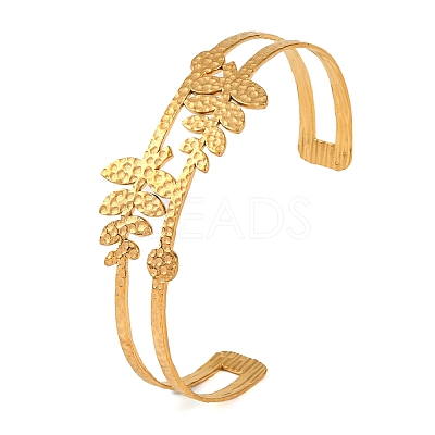 304 Stainless Steel Hollow Leaf Open Cuff Bangles for Women BJEW-K241-03A-G-1