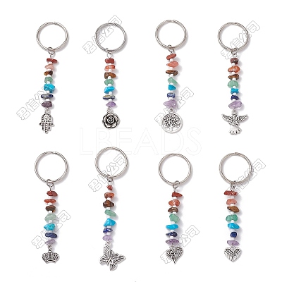 32Pcs 8 Styles Chakra Gemstone Chip Beaded Alloy Pendant Keychains KEYC-FH00075-1