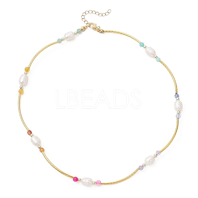 Natural Amethyst & Carnelian & Agate & Amazonite & Green Aventurine Faceted Round & Natural Pearl Rice & Brass Curved Tube Beaded Necklaces NJEW-JN05534-1