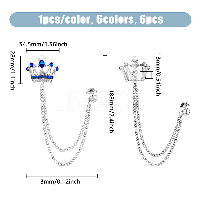 6Pcs 6 Colors Rhinestone Crown Hanging Chain Brooches JEWB-HY0001-30-1