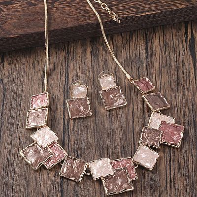 Square Zinc Alloy Enamel Pendant Necklaces & Stud Dangle Earrings Sets FS-WG2E030-01-1