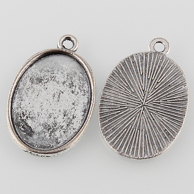 Tibetan Style Antique Silver Alloy Flat Oval Pendant Cabochon Settings TIBEP-M022-37AS-1