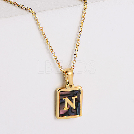 304 Stainless Steel Pave Natural Paua Shell Rectangle Initial Pendant Necklaces for Women FS-WG38E89-14-1