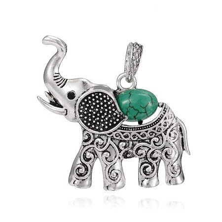 Antique Silver Plated Alloy Dyed Synthetic Turquoise Elephant Pendants PALLOY-E402-01AS-1