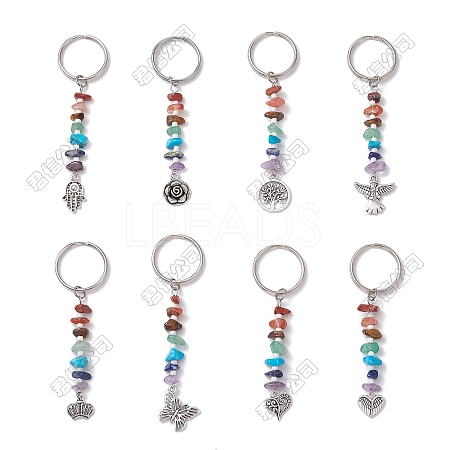 32Pcs 8 Styles Chakra Gemstone Chip Beaded Alloy Pendant Keychains KEYC-FH00075-1