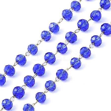 Ion Plating(IP) 304 Stainless Steel & Faceted Transparent Glass Handmade Beads Chain CHS-H028-02G-1