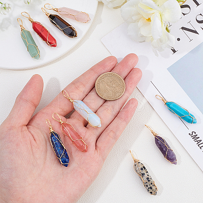 10Pcs 10 Colors Gemstone with Steel Wire Wrapped Pointed Pendants G-AR0004-03LG-1