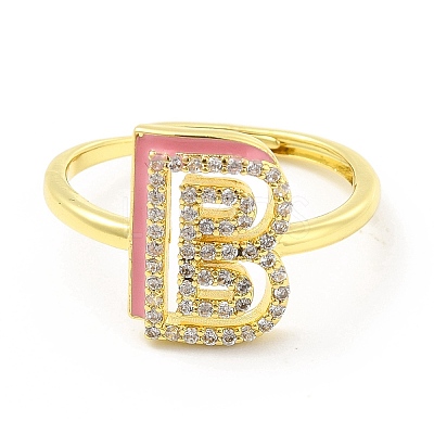 Mixed Color Enamel Initial Letter Adjustable Ring with Clear Cubic Zirconia RJEW-P045-01G-B-1