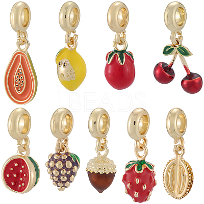 9Pcs 9 Styles Brass Enamel Fruit European Dangle Charms OPDL-BBC0001-04G-1