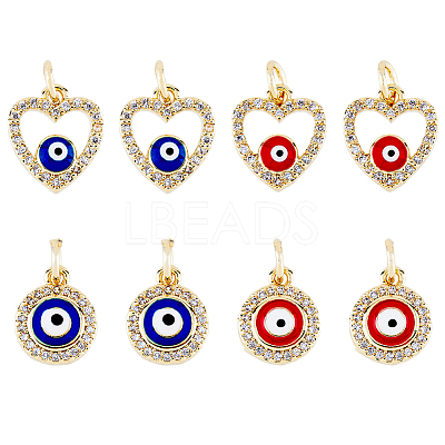 8Pcs 4 Styles Evil Eye Brass Micro Pave Clear Cubic Zirconia Charms KK-DC0002-64-1
