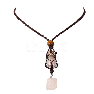 Natural Rose Quartz Macrame Pouch Pendant Nylon Cord Adjustable Necklaces NJEW-JN05345-02-1
