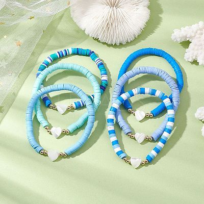 Handmade Polymer Clay with Natural Trochid Shell/Trochus Shell Beaded Stretch Bracelets for Women BJEW-JB10203-01-1