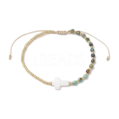 3mm Round Faceted Natural African Turquoise(Jasper) & Seed Beads Braided Bead Bracelets BJEW-JB10594-03-1