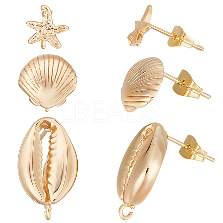 Beebeecraft 12Pcs 3 Style Shell & Starfish Shape Brass Stud Earring Findings KK-BBC0012-74-1
