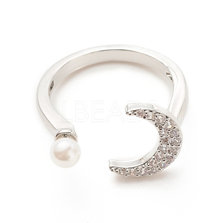 Clear Cubic Zirconia Moon Open Cuff Ring with Imitation Pearl for Women RJEW-A003-01P-1