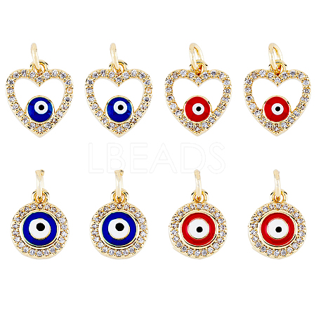8Pcs 4 Styles Evil Eye Brass Micro Pave Clear Cubic Zirconia Charms KK-DC0002-64-1