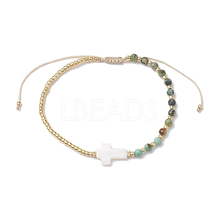 3mm Round Faceted Natural African Turquoise(Jasper) & Seed Beads Braided Bead Bracelets BJEW-JB10594-03-1