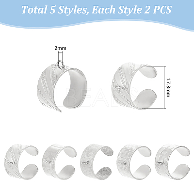 10Pcs 5 Styles 304 Stainless Steel Open Cuff Ring Components STAS-UN0054-83P-1