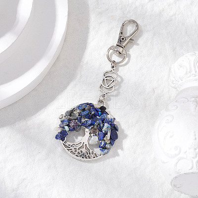 Natural Lapis Lazuli Chips Beads & Alloy Tree of Life Pendant Decorations HJEW-JM03128-02-1