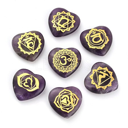 7Pcs 7 Styles Chakra Natural Amethyst Love Heart Ornaments Figurines G-P533-01D-1