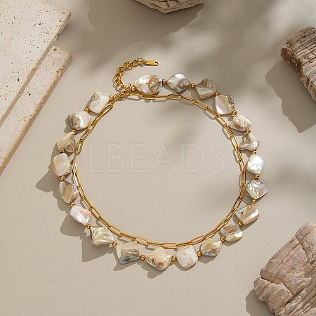 304 Stainless Steel with Dyed Floral White Natural Shell Nuggets Beaded Double Layer Necklaces for Women NJEW-G181-13G-1