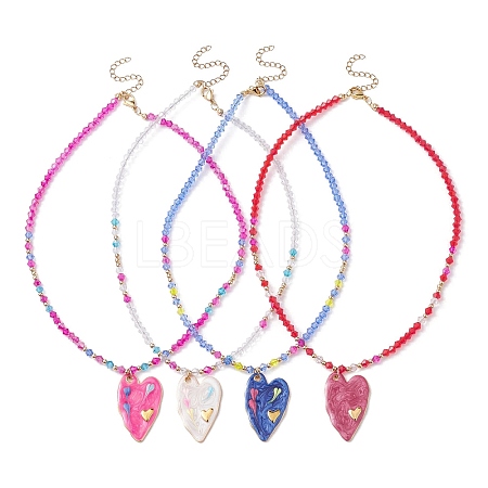 304 Stainless Steel Enamel Heart Pendant Necklace with Glass Beaded Chains NJEW-JN04465-1