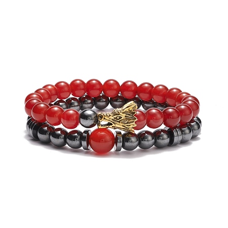 2Pcs 2 Style Natural Red Agate Carnelian(Dyed & Heated) & Synthetic Hematite Stretch Bracelets Set with Alloy Dragon BJEW-JB08655-1