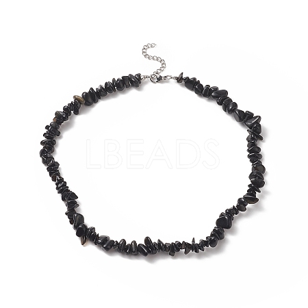 Natural Obsidian Chip Beaded Necklaces with 304 Stainless Steel Lobster Claw Clasp & Chain Extender NJEW-JN04225-03-1