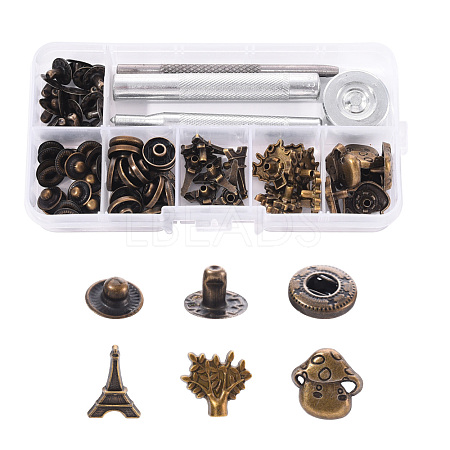 18 Sets Eiffel Tower & Tree & Mushroom Brass Leather Snap Buttons Fastener Kits SNAP-YW0001-07AB-1