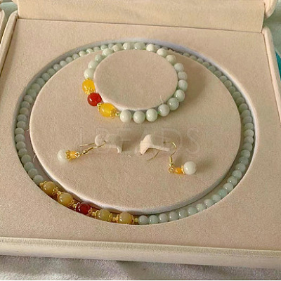 Natural Jadeite Round Beaded Necklaces & Beaded Bracelets & Dangle Earrings Sets WGE6446-06-1