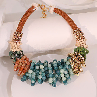 Bohemian Style Round Gemstone & Glass & Wood & CCB Plasitc Beaded Bib Necklaces FS-WGADB81-01-1