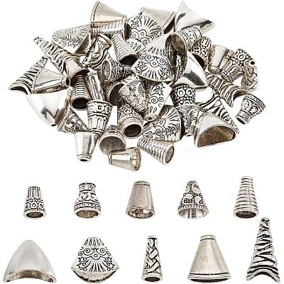 50Pcs 10 Style Tibetan Style Alloy Bead Cone & Caps FIND-NB0003-16-1