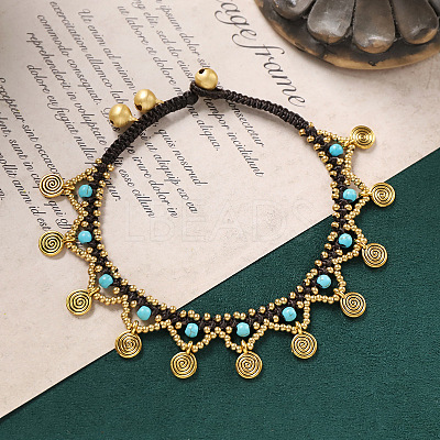 Bohemian Style Alloy Brass Disc Tassel Waxed Cord Anklets for Women FS-WGC5E81-02-1