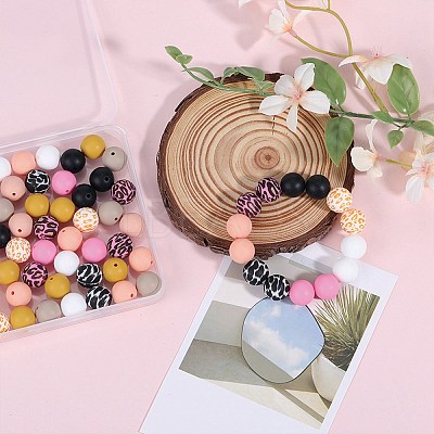 70Pcs 10 Styles Printed Round Silicone Focal Beads SIL-SZ0002-37-1