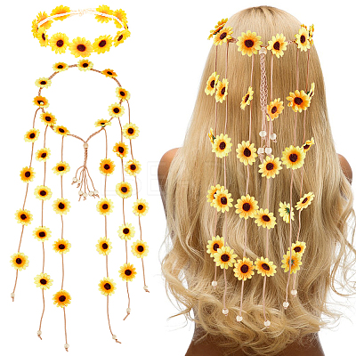 2Pcs 2 Styles Cloth Flower Hippie Headband Floral Crown OHAR-CP0001-18B-1